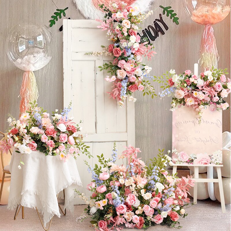 Artificial Wedding Arch Flowers Row Backdrop Arrange Pink Blue Foral Ball Table Centerpieces Decor Event Party Welcome Sign Prop #1040