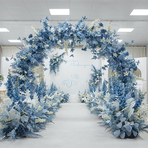 Haze Blue White Wedding Flowers Arch Decor Stage Backdrop Wall Hanging Artificial Floral Row Party Events Road Lead Floor Props #1064