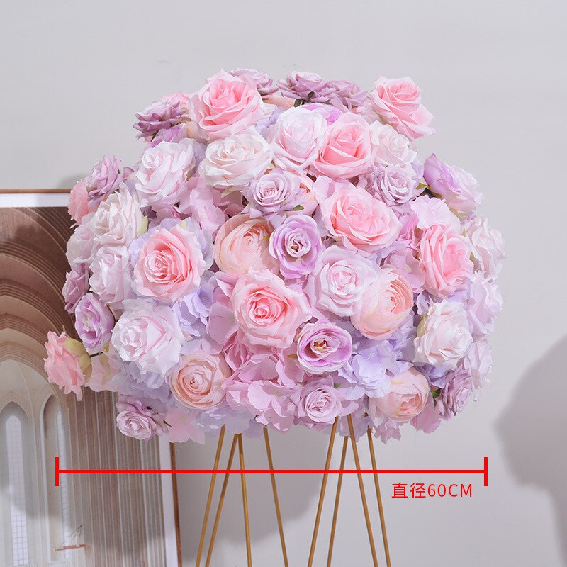 Pink Flower Row Meja Pernikahan, 60CM Pink Ungu Mawar Hydrangea Bola Bunga Acara Pesta Perjamuan Tampilan Jendela Bola Bunga #1010