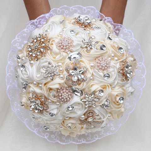 22cm Handmade Luxury Wedding Bridal Bouquet Large Silk Rose Holding Toss Artificial Flowers Bouquets with Satin Ribbon Pearls Rhinestone for Bride Vintage Royal Wedding Bouquet W2015