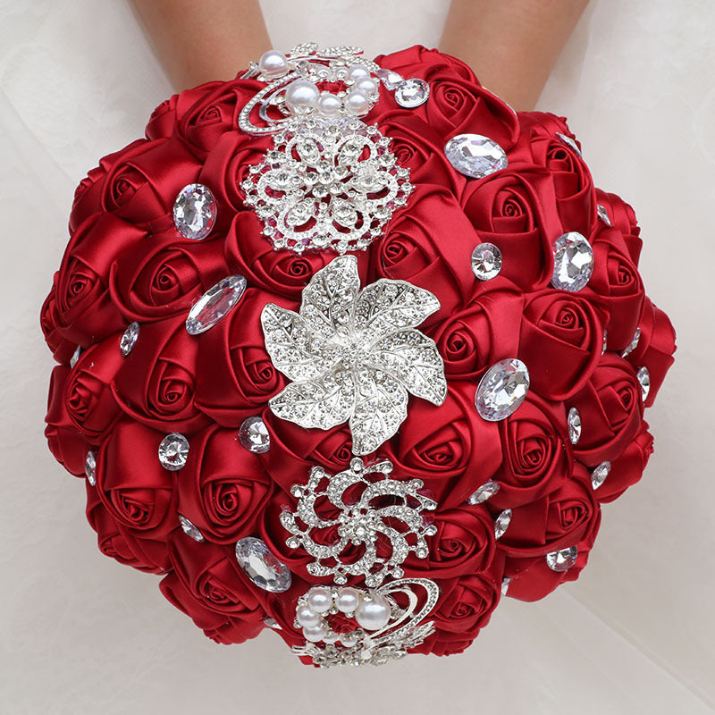 21cm Wedding Bouquet Artifical Rose Satin Jeweled Throw Bouquet Bridesmaid Holding Flowers Wedding Silk Flower W2027