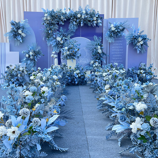 Blue Series Wedding Ground Flower Arrangement Background Hanging Flower Corner Flower T Platform Road Guide Flower Wedding Welcome Area Flower Art Stage Props #1044