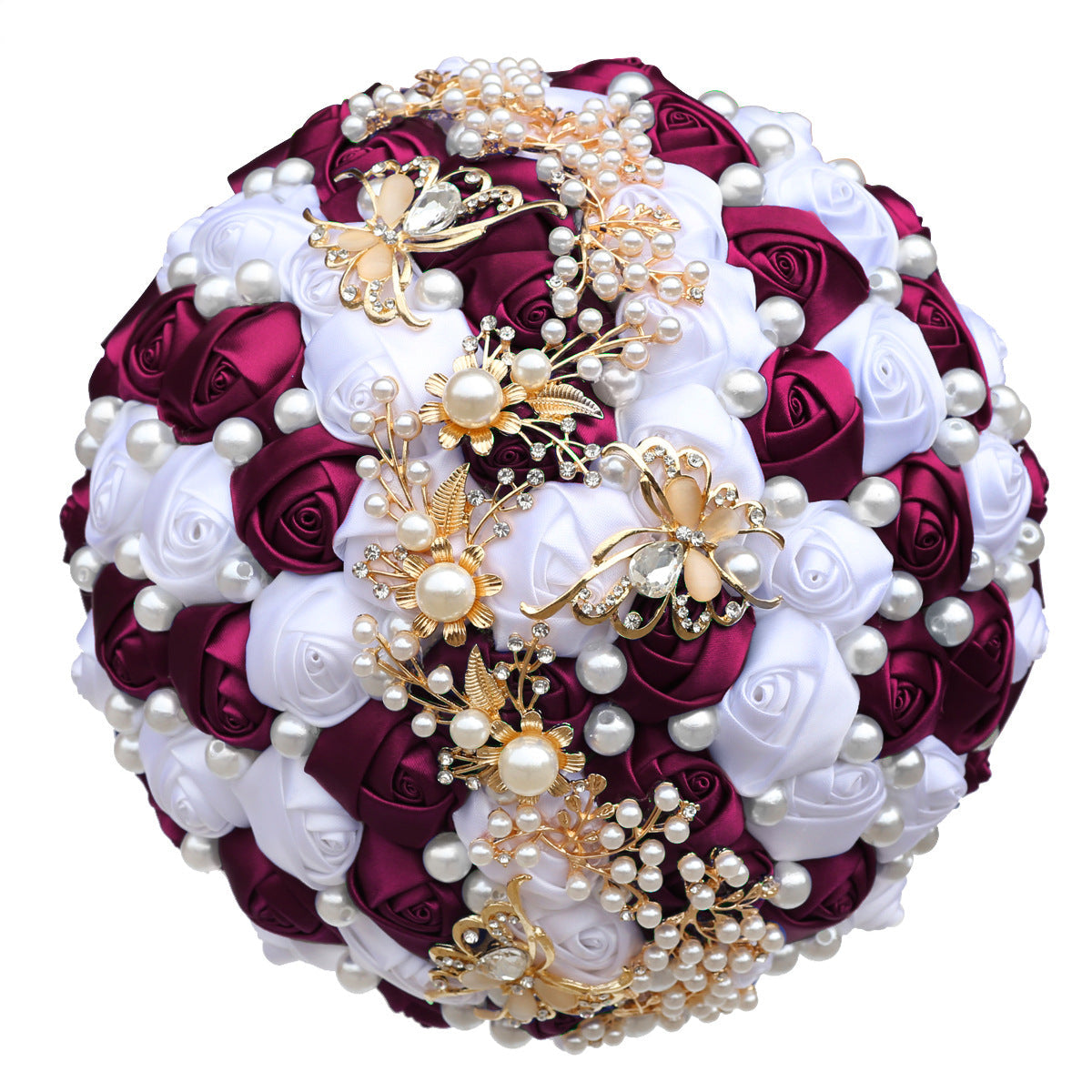 21cm Dark Purple Red+White Handmade Holding Flowers Bridal Bouquet With Ribbon Rose Diamond Pearl Butterfly Diamond Alloy Diamond W2002