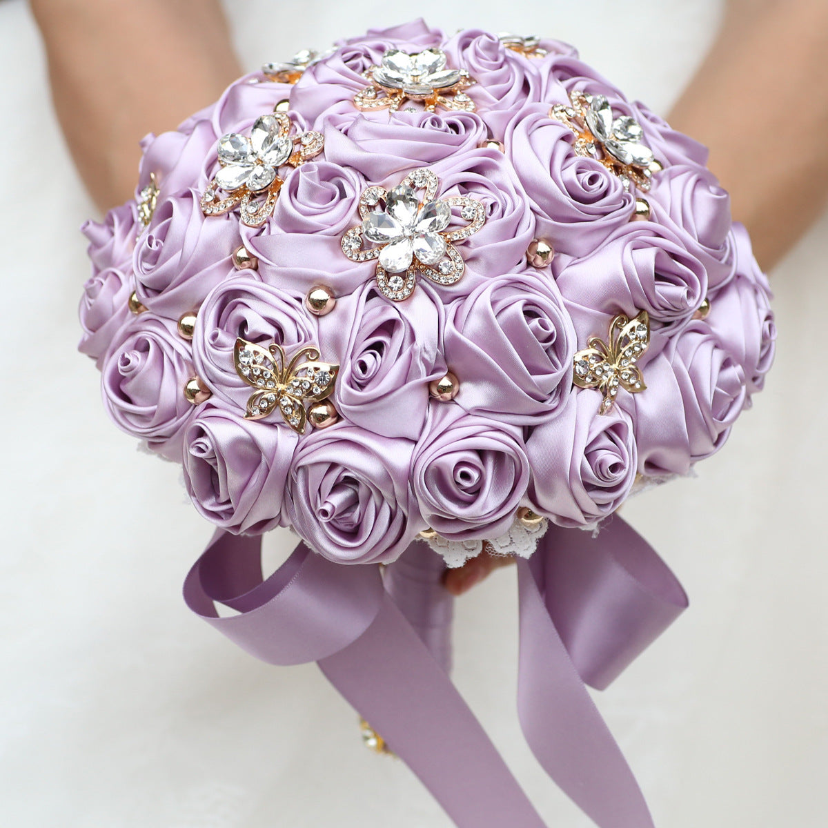 21cm Bridal Wedding Bouquet with Rhinestone Brooch Pearl String Cascade Bouquet for Bride Bridesmaid Quinceanera Rose Flower W2024