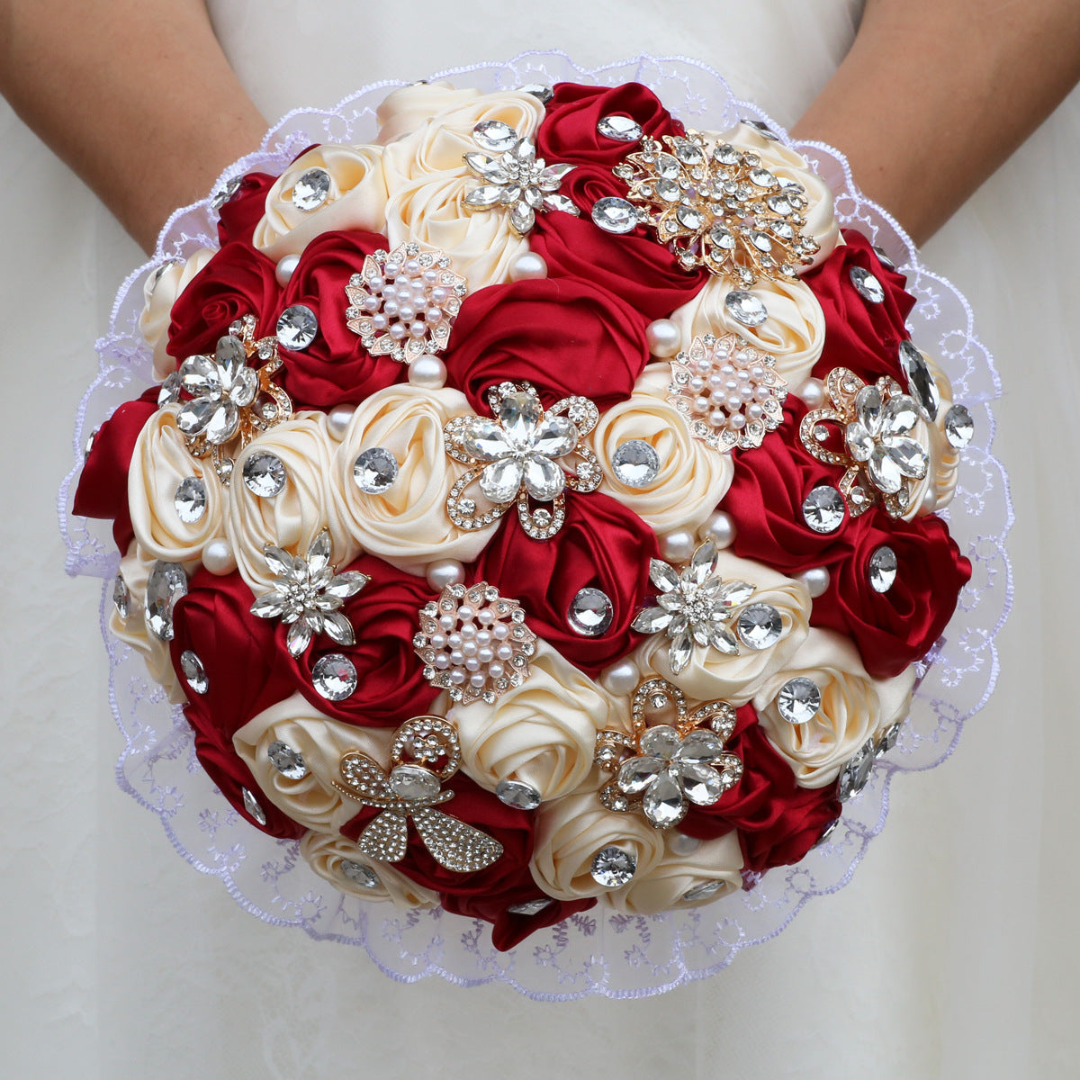 22cm Handmade Luxury Wedding Bridal Bouquet Large Silk Rose Holding Toss Artificial Flowers Bouquets with Satin Ribbon Pearls Rhinestone for Bride Vintage Royal Wedding Bouquet W2015