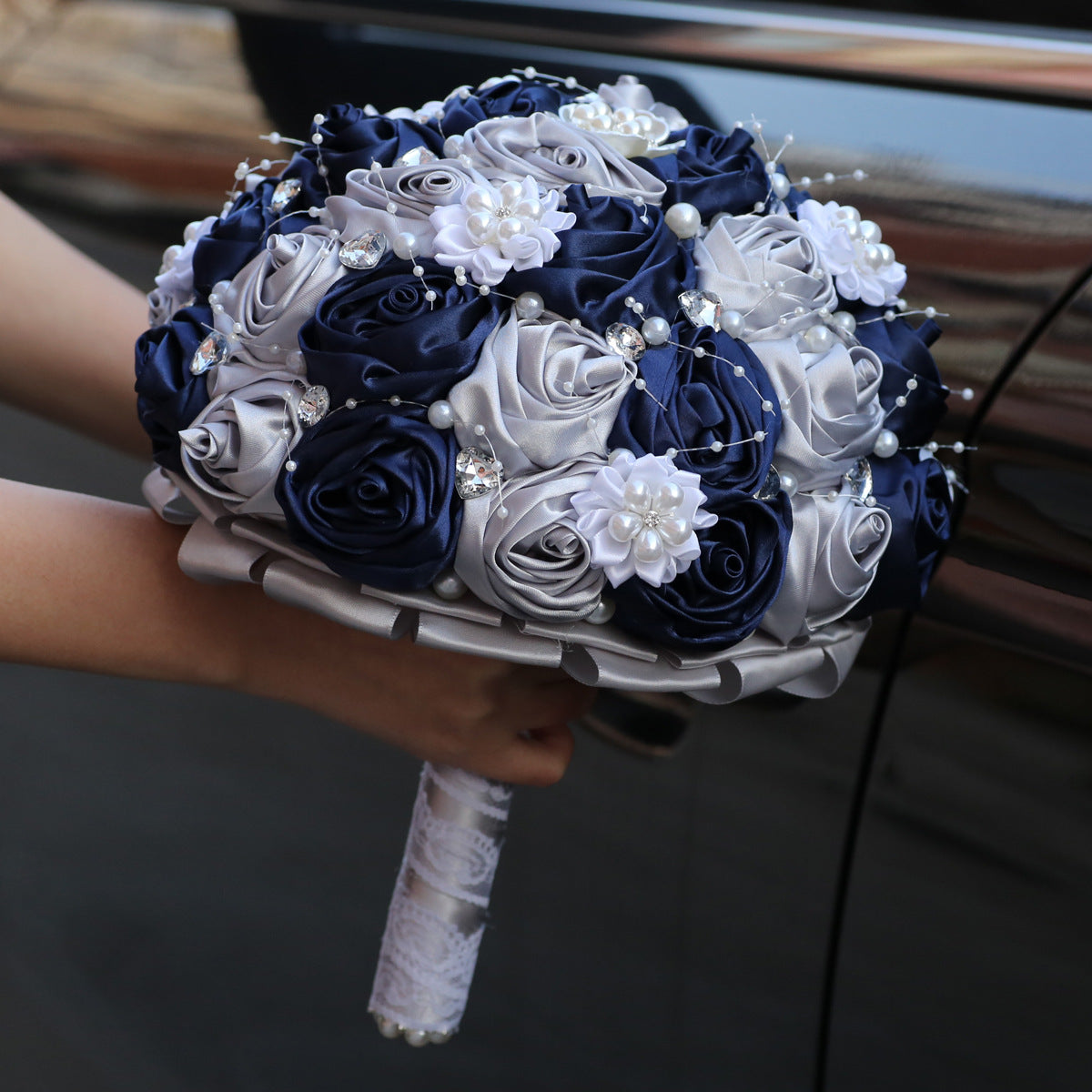 22cm Handcraft Popular Satin Rose Rhinestone Brooch Flower Pearl Bridal Holding Wedding Bouquet W2019