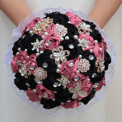 22cm Handmade Luxury Wedding Bridal Bouquet Large Silk Rose Holding Toss Artificial Flowers Bouquets with Satin Ribbon Pearls Rhinestone for Bride Vintage Royal Wedding Bouquet W2015