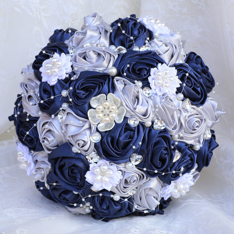 22cm Handcraft Popular Satin Rose Rhinestone Brooch Flower Pearl Bridal Holding Wedding Bouquet W2019