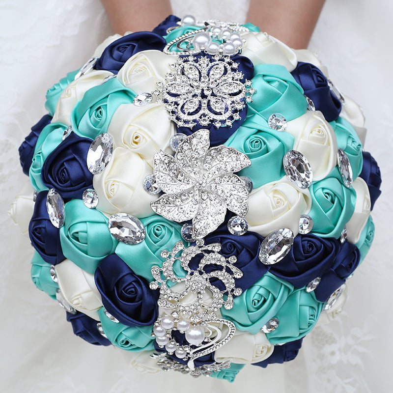 21cm Wedding Bouquet Artifical Rose Satin Jeweled Throw Bouquet Bridesmaid Holding Flowers Wedding Silk Flower W2027