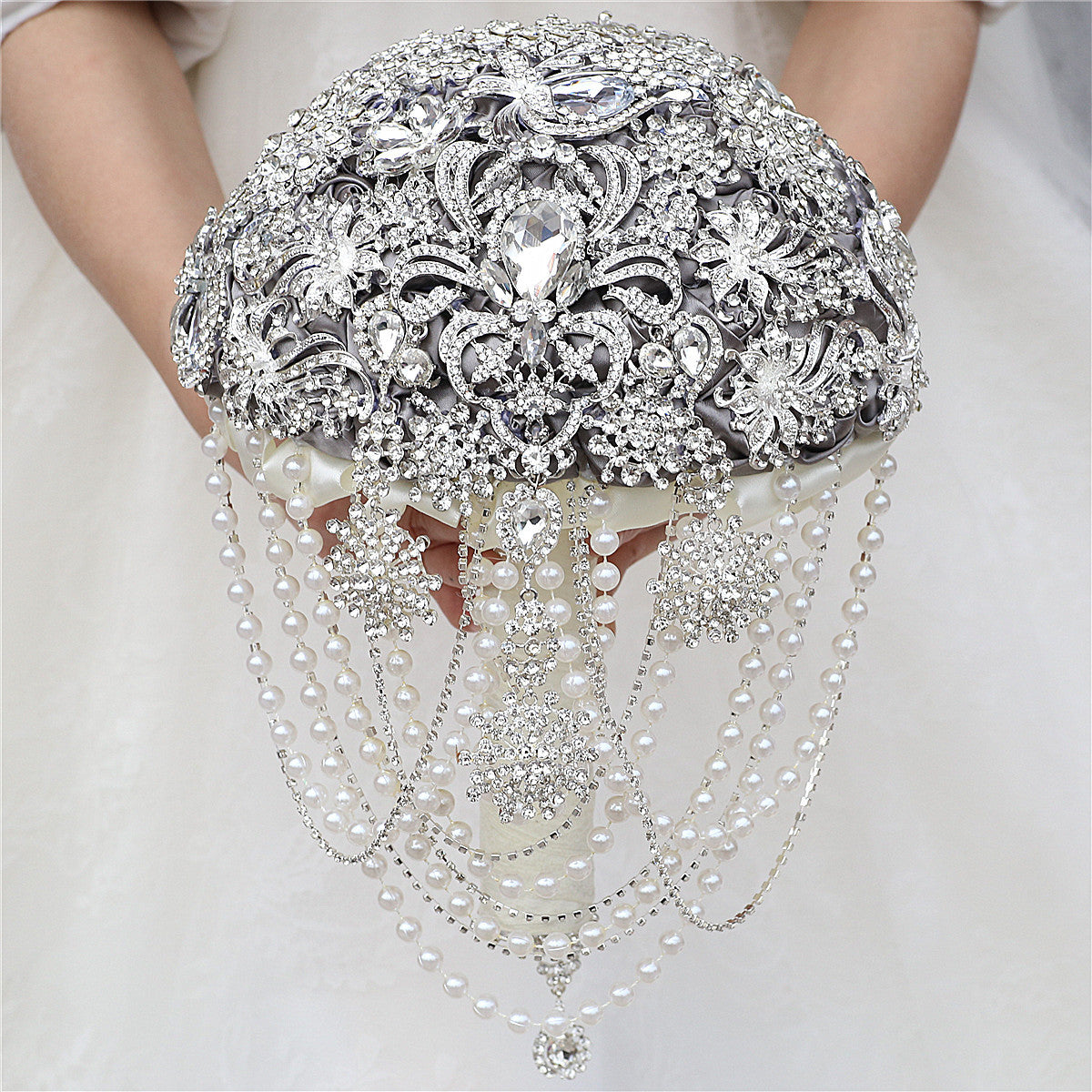 21cm Hydrangea Drop Brooch Bouquet Silver Wedding Bouquets Crystal Teardrop Bridal Bouquet Pearl W2022