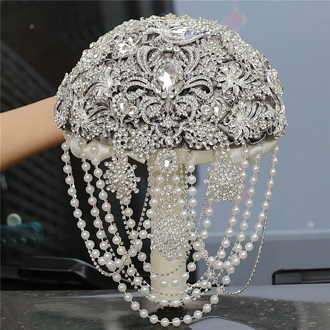 21cm Hydrangea Drop Brooch Bouquet Silver Wedding Bouquets Crystal Teardrop Bridal Bouquet Pearl W2022