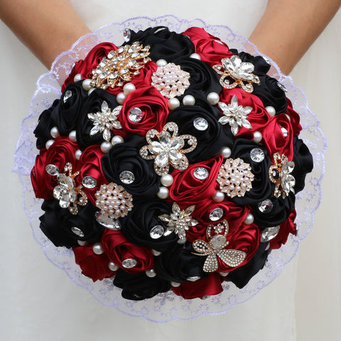 22cm Handmade Luxury Wedding Bridal Bouquet Large Silk Rose Holding Toss Artificial Flowers Bouquets with Satin Ribbon Pearls Rhinestone for Bride Vintage Royal Wedding Bouquet W2015