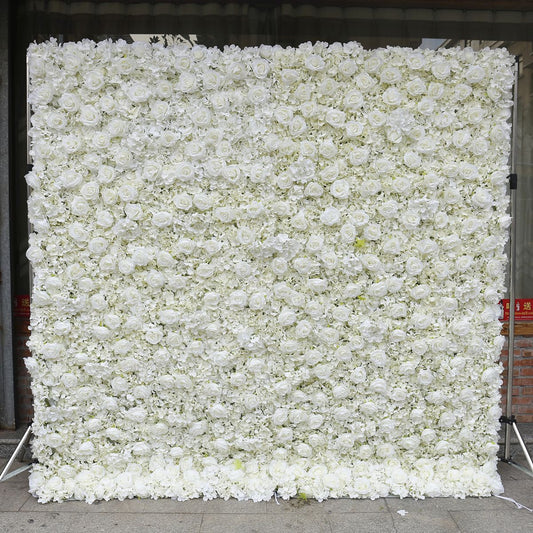 Custom White 3D Rolling Up Fabric Artificial Rose Cloth Flower Wall Wedding Backdrop Decor Floral Green Plants Wall Party Props #1055