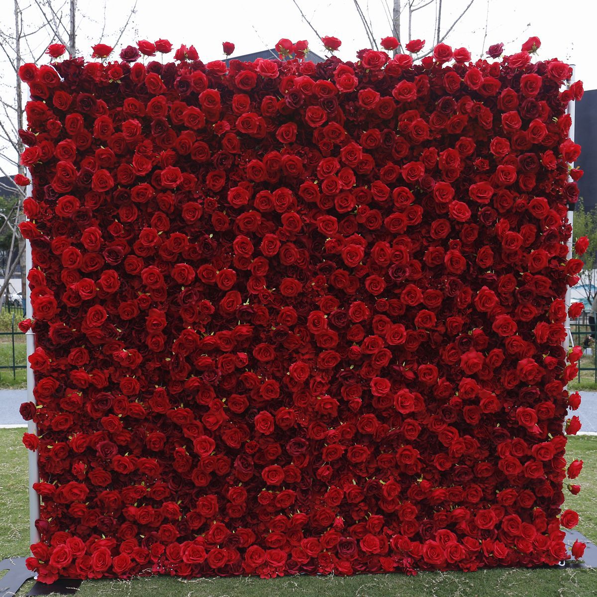 Red Burgundy Rose Roll Up Cloth 5D Flower Wall Arrangement Wedding Backdrop Decor Hanging Curtain Green Plants Wall Party Props #1103