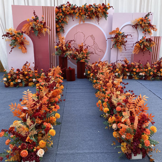 New Wedding Big Style Autumn Tangerine Floor Flower Arrangement Simulation Silk Flower Decoration Eucalyptus Flower Arrangement T Platform Road Leading Wedding #1077