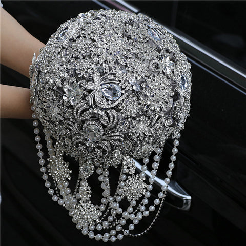 21cm Hydrangea Drop Brooch Bouquet Silver Wedding Bouquets Crystal Teardrop Bridal Bouquet Pearl W2022