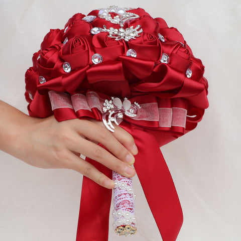 21cm Wedding Bouquet Artifical Rose Satin Jeweled Throw Bouquet Bridesmaid Holding Flowers Wedding Silk Flower W2027