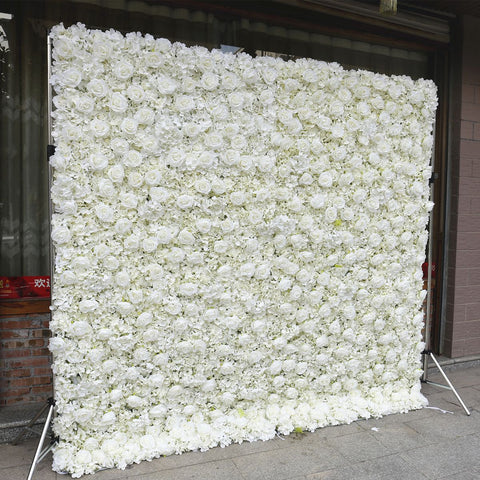 Custom White 3D Rolling Up Fabric Artificial Rose Cloth Flower Wall Wedding Backdrop Decor Floral Green Plants Wall Party Props #1055