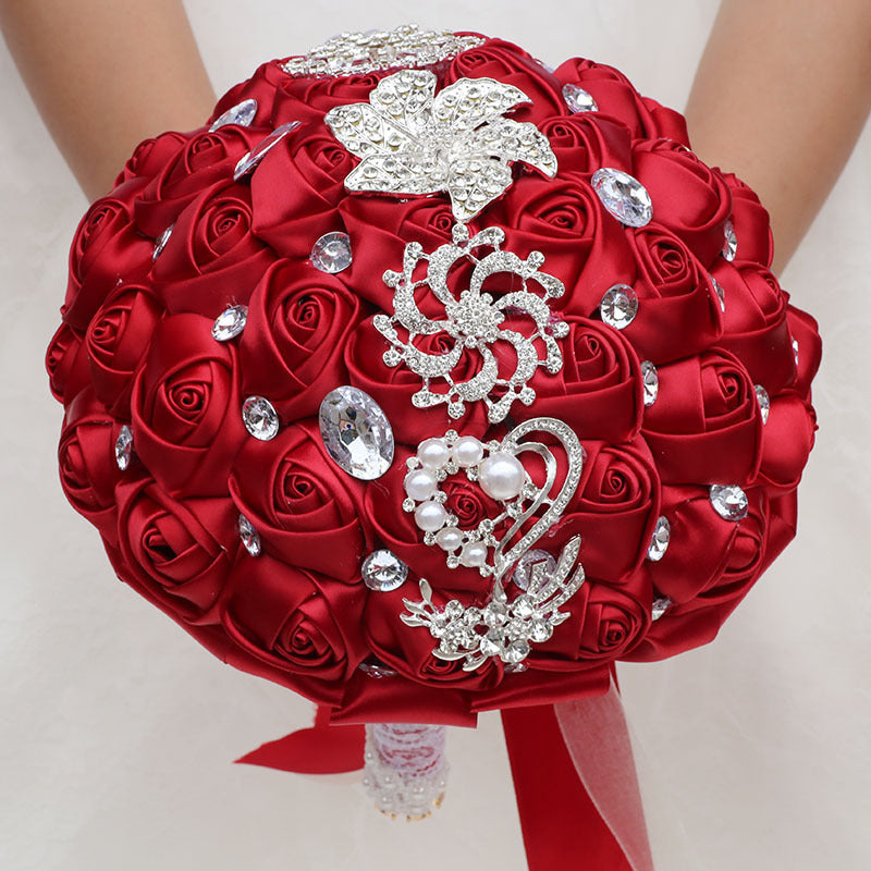 21cm Wedding Bouquet Artifical Rose Satin Jeweled Throw Bouquet Bridesmaid Holding Flowers Wedding Silk Flower W2027