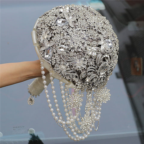 21cm Hydrangea Drop Brooch Bouquet Silver Wedding Bouquets Crystal Teardrop Bridal Bouquet Pearl W2022