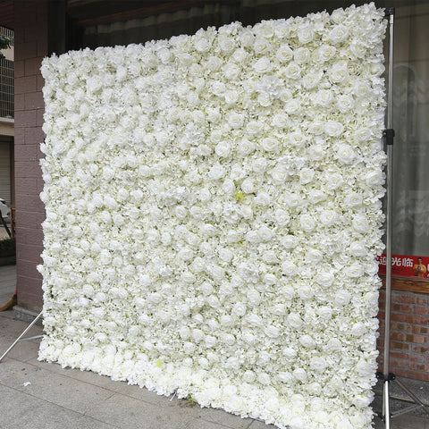 Custom White 3D Rolling Up Fabric Artificial Rose Cloth Flower Wall Wedding Backdrop Decor Floral Green Plants Wall Party Props #1055