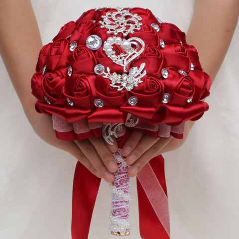 21cm Wedding Bouquet Artifical Rose Satin Jeweled Throw Bouquet Bridesmaid Holding Flowers Wedding Silk Flower W2027