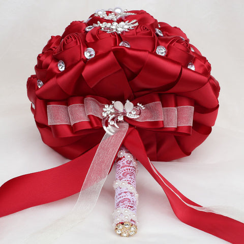 21cm Wedding Bouquet Artifical Rose Satin Jeweled Throw Bouquet Bridesmaid Holding Flowers Wedding Silk Flower W2027