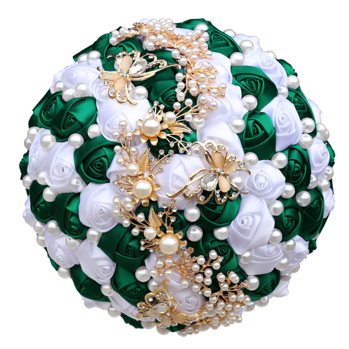 21cm Dark Green+White Handmade Holding Flowers Bridal Bouquet With Ribbon Rose Diamond Pearl Butterfly Diamond Alloy Diamond W2001