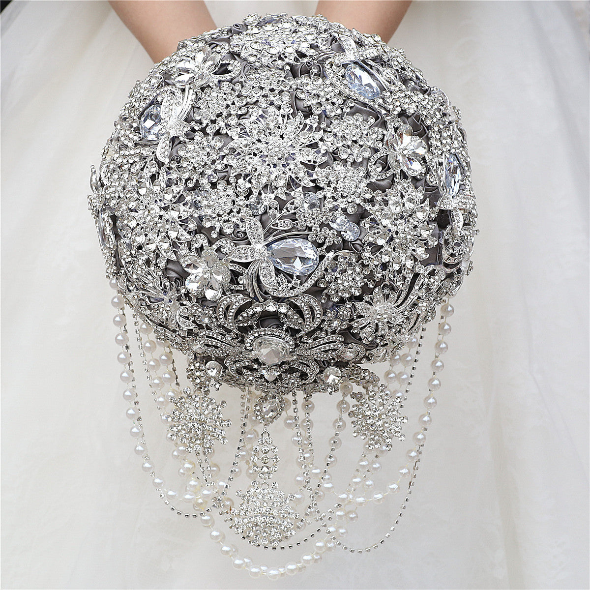 21cm Hydrangea Drop Brooch Bouquet Silver Wedding Bouquets Crystal Teardrop Bridal Bouquet Pearl W2022