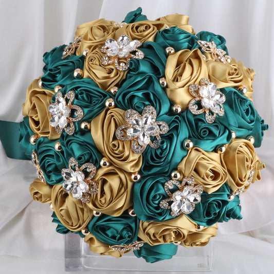 21cm Bridal Wedding Bouquet with Rhinestone Brooch Pearl String Cascade Bouquet for Bride Bridesmaid Quinceanera Rose Flower W2024