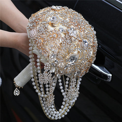 21cm Handmade Luxury Full Diamond Bead Chain Pendant Royal Wedding Bride Holding Flowers Bridal Bouquet W2014