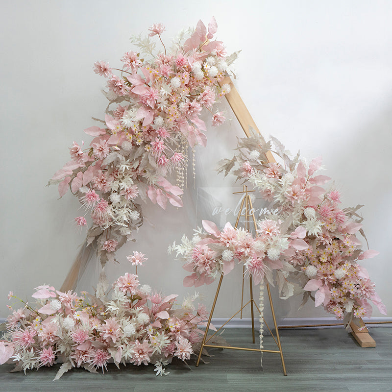 New triangle pink arch simulation suit floral wedding fake flowers road flower props shooting auditorium background. #1076