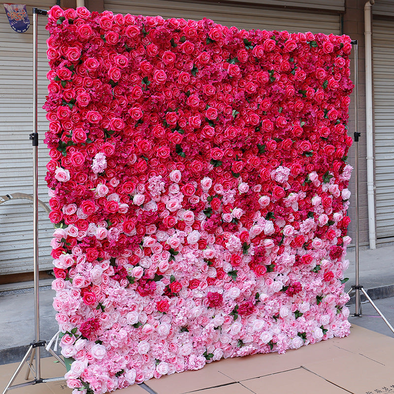 3D Gradient Hot Pink White Wedding Backdrop Cloth Flower Wall Rose Fabric Floral Wall Arrangement Event Party Photo Props #1026