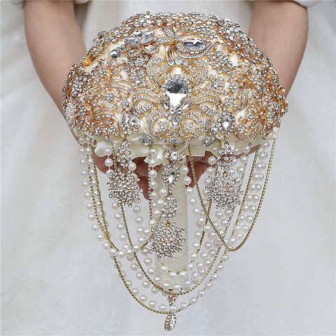 21cm Handmade Luxury Full Diamond Bead Chain Pendant Royal Wedding Bride Holding Flowers Bridal Bouquet W2014