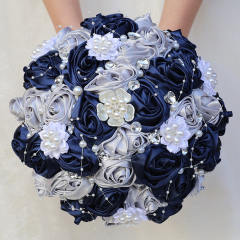 22cm Handcraft Popular Satin Rose Rhinestone Brooch Flower Pearl Bridal Holding Wedding Bouquet W2019