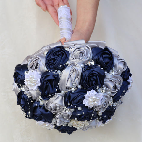 22cm Handcraft Popular Satin Rose Rhinestone Brooch Flower Pearl Bridal Holding Wedding Bouquet W2019