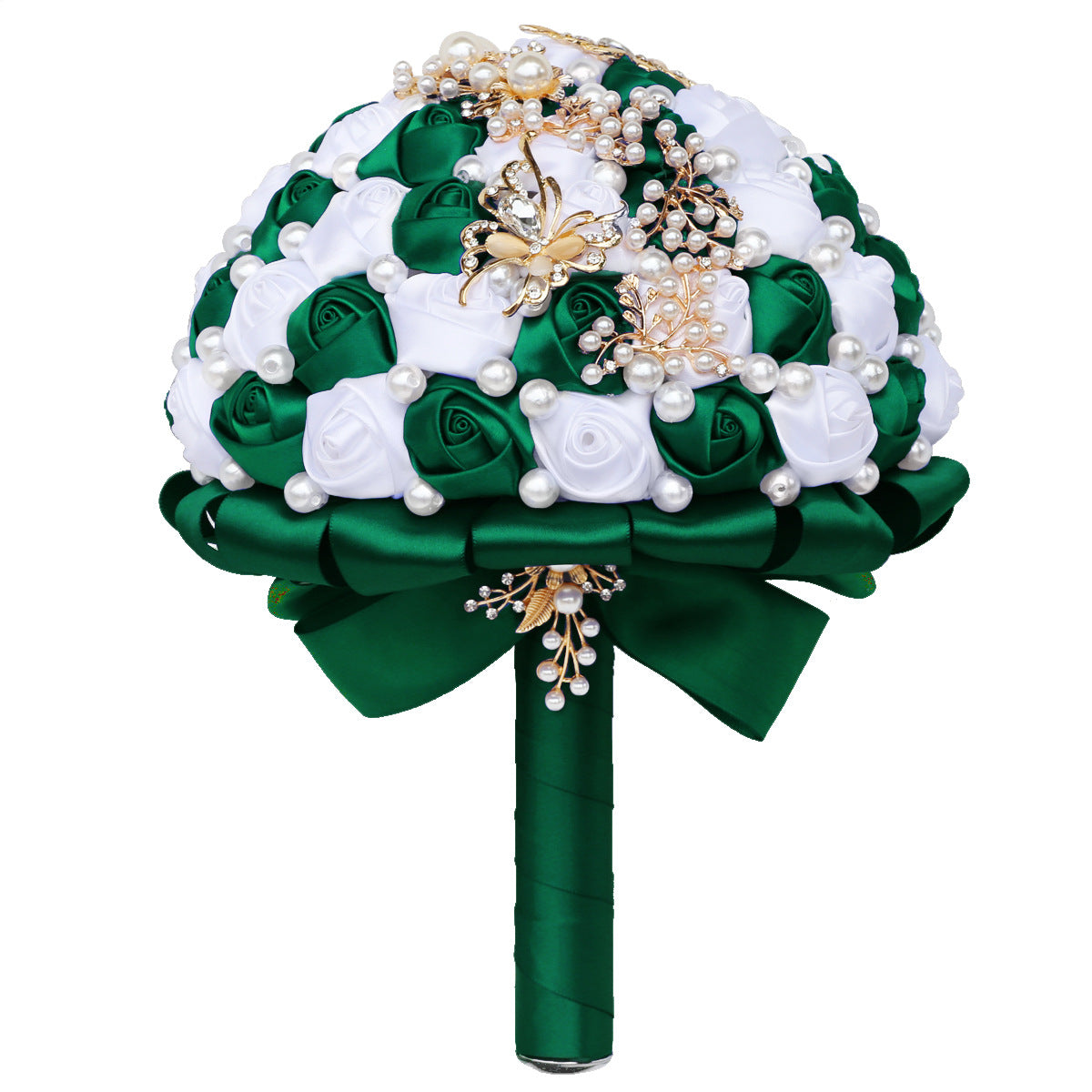 21cm Dark Green+White Handmade Holding Flowers Bridal Bouquet With Ribbon Rose Diamond Pearl Butterfly Diamond Alloy Diamond W2001