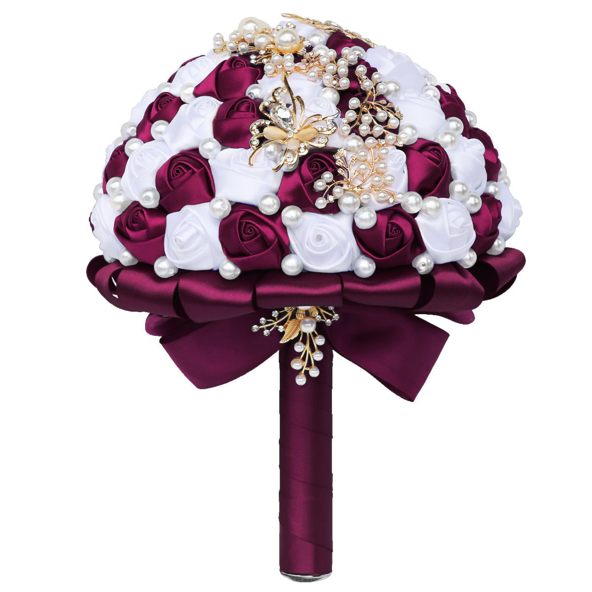 21cm Dark Purple Red+White Handmade Holding Flowers Bridal Bouquet With Ribbon Rose Diamond Pearl Butterfly Diamond Alloy Diamond W2002