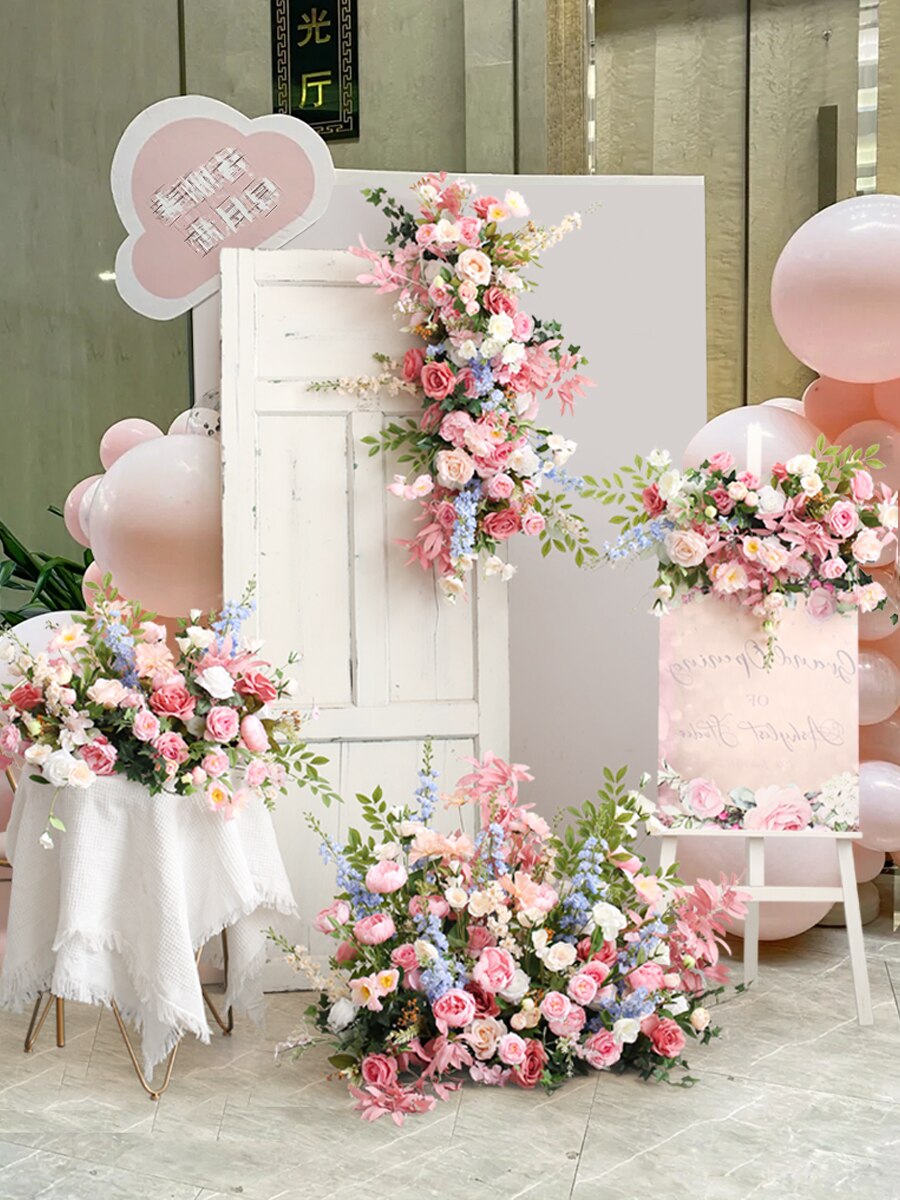 Pink Blue Series Wedding Foral Arrangement Event Table Centerpieces Ball Party Arch Decor Flowers Row Welcome Sign Decor Props #1085