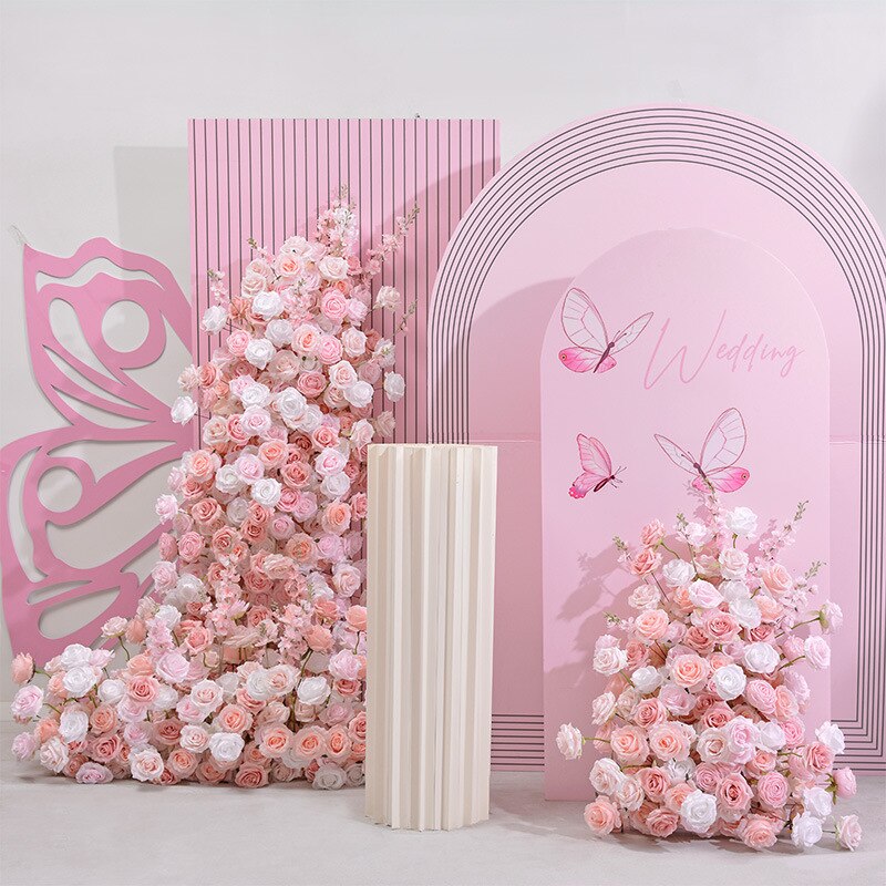 Pink White Rose Flower Arrangement Wedding Backdrop Arch KT Board Decor 5D Floor Floral  Row Event Party Window Display Props #1095