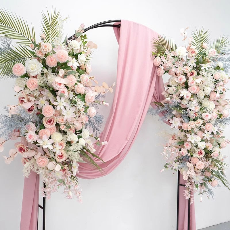 Pink White Rose Peony Green Plants Flower Row Runner Wedding Backdrop Arch Decor Floral Arrangement Hang Flower Event Party Prop #1096