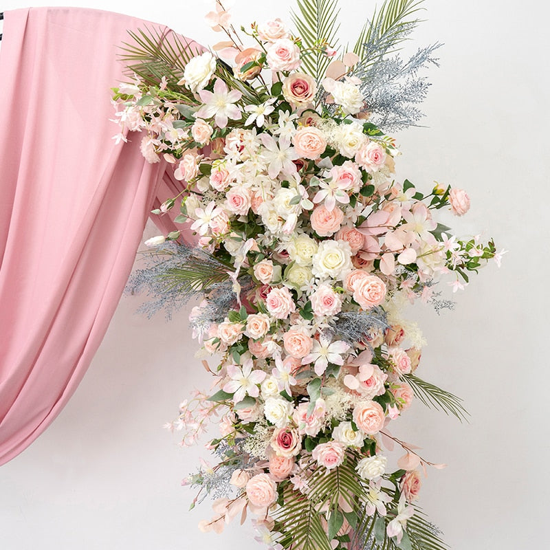 Pink White Rose Peony Green Plants Flower Row Runner Wedding Backdrop Arch Decor Floral Arrangement Hang Flower Event Party Prop #1096