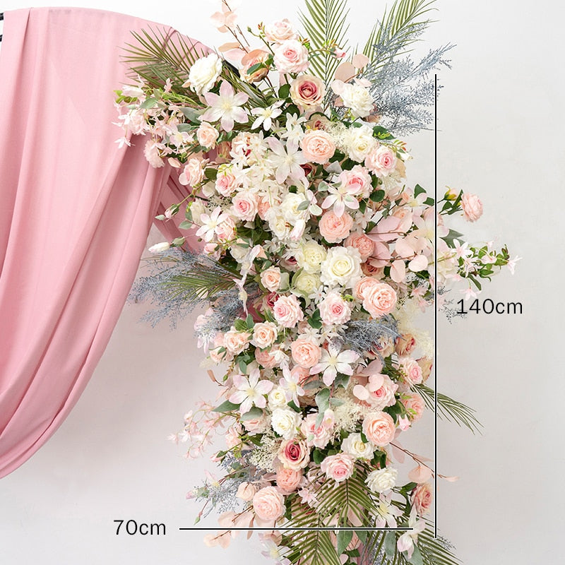 Pink White Rose Peony Green Plants Flower Row Runner Wedding Backdrop Arch Decor Floral Arrangement Hang Flower Event Party Prop #1096