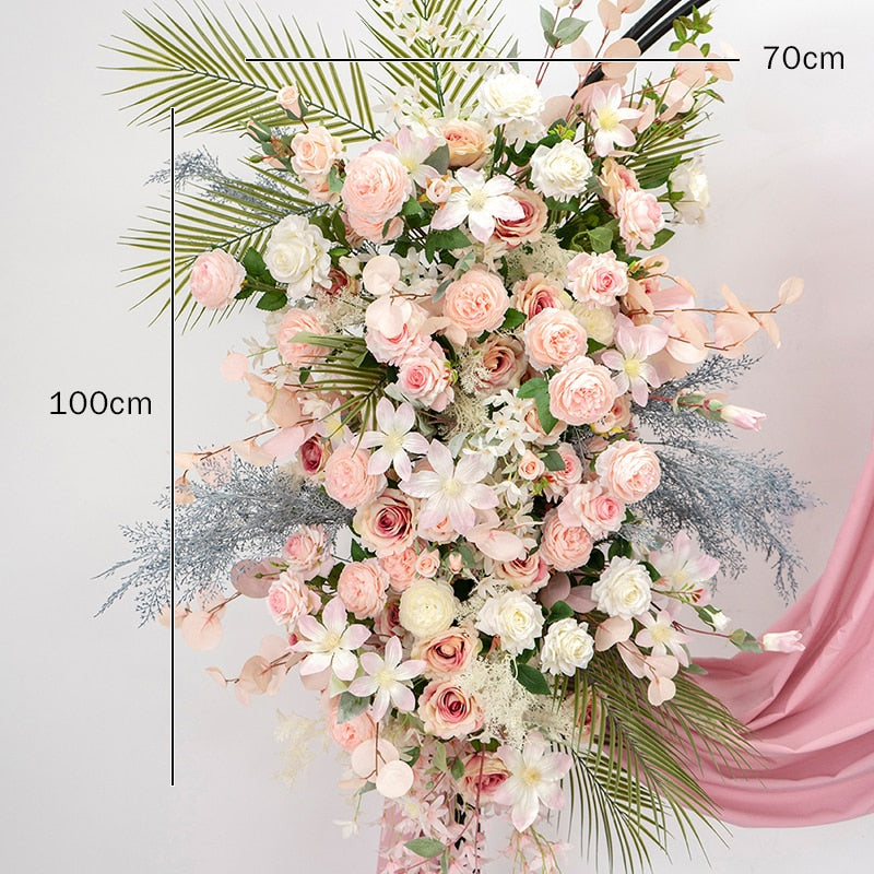 Pink White Rose Peony Green Plants Flower Row Runner Wedding Backdrop Arch Decor Floral Arrangement Hang Flower Event Party Prop #1096