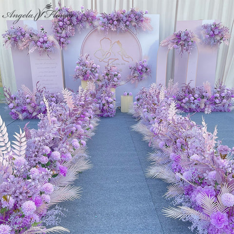 Purple White Artificial Flower Arrangement Wedding Catwalk Road Lead Table Flower Wedding Backdrop Layout Party Flower Wall Deco #1102