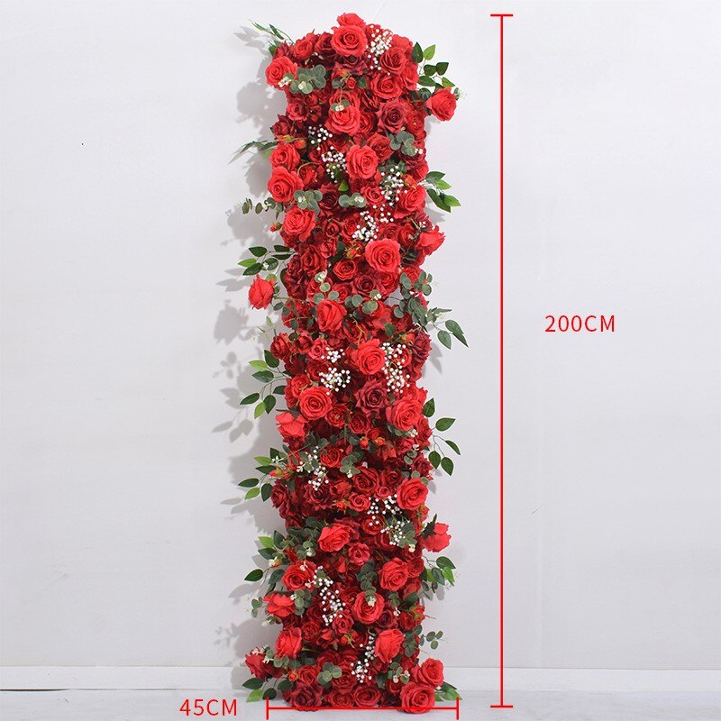 Red Rose Babysbreath Green Leaf Table Runner Sofa Floor Flower Arrangement Wedding Backdrop Deco Flower Row Party Event Props #1106