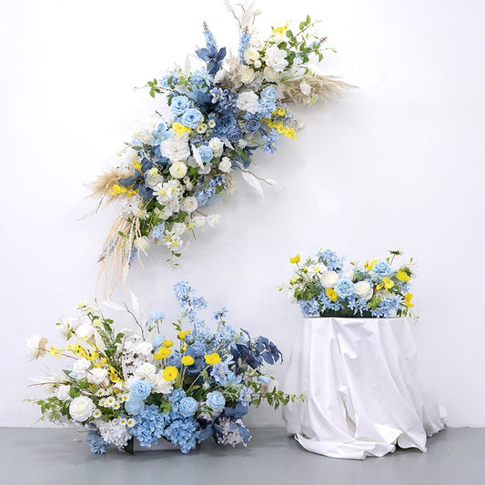 Blue white Rose Chamomile Wedding Table Decor Floral Arrangement Party Backdrop Arch Hanging Flower Floor Floral Event Props #1045