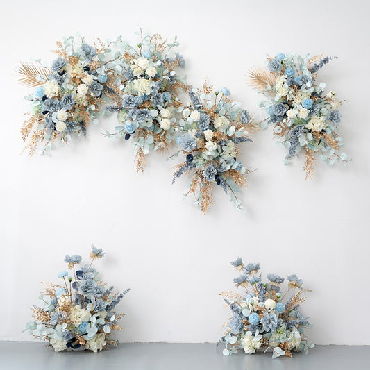 Haze Blue Gold Leaf Wedding Floor Floral Arrangement Event Stage Welcome Area Decor Props Arch Hang Flower Row Table Floral Ball #1063