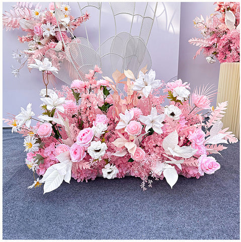 Custom-made Pink Wedding Simulation Flower Wedding Flower Arrangement Background Flower Arrangement Props Corner Flower Wrought Iron Road Flower Arrangement #1056