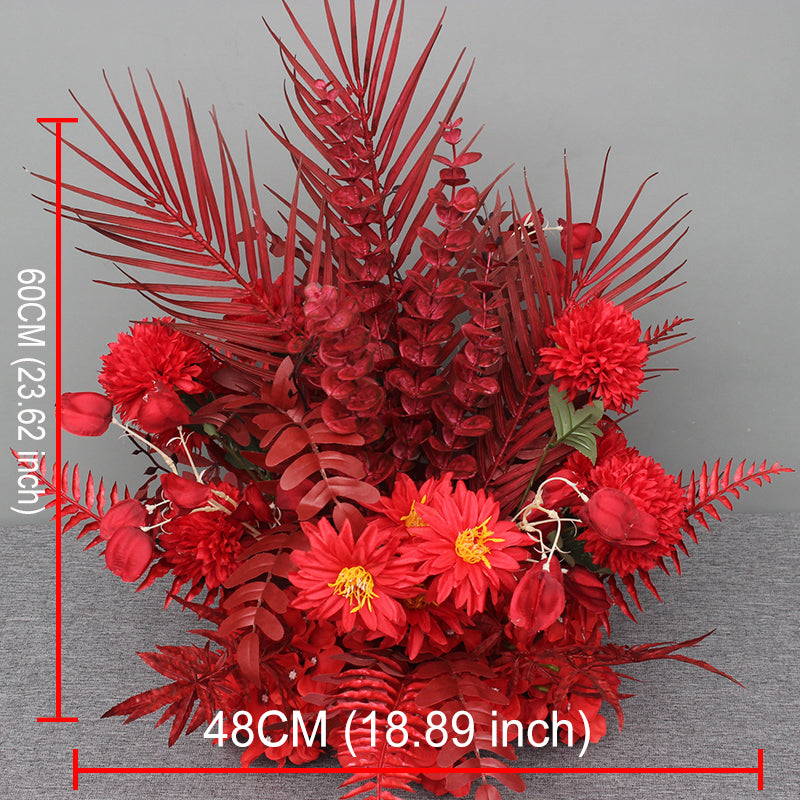 Red Wedding Backdrop Decor Rose Flower Row Artificial Oncidium Eucalyptus Road Lead Floor Floral Party Arch Decor Corner Flower #1134